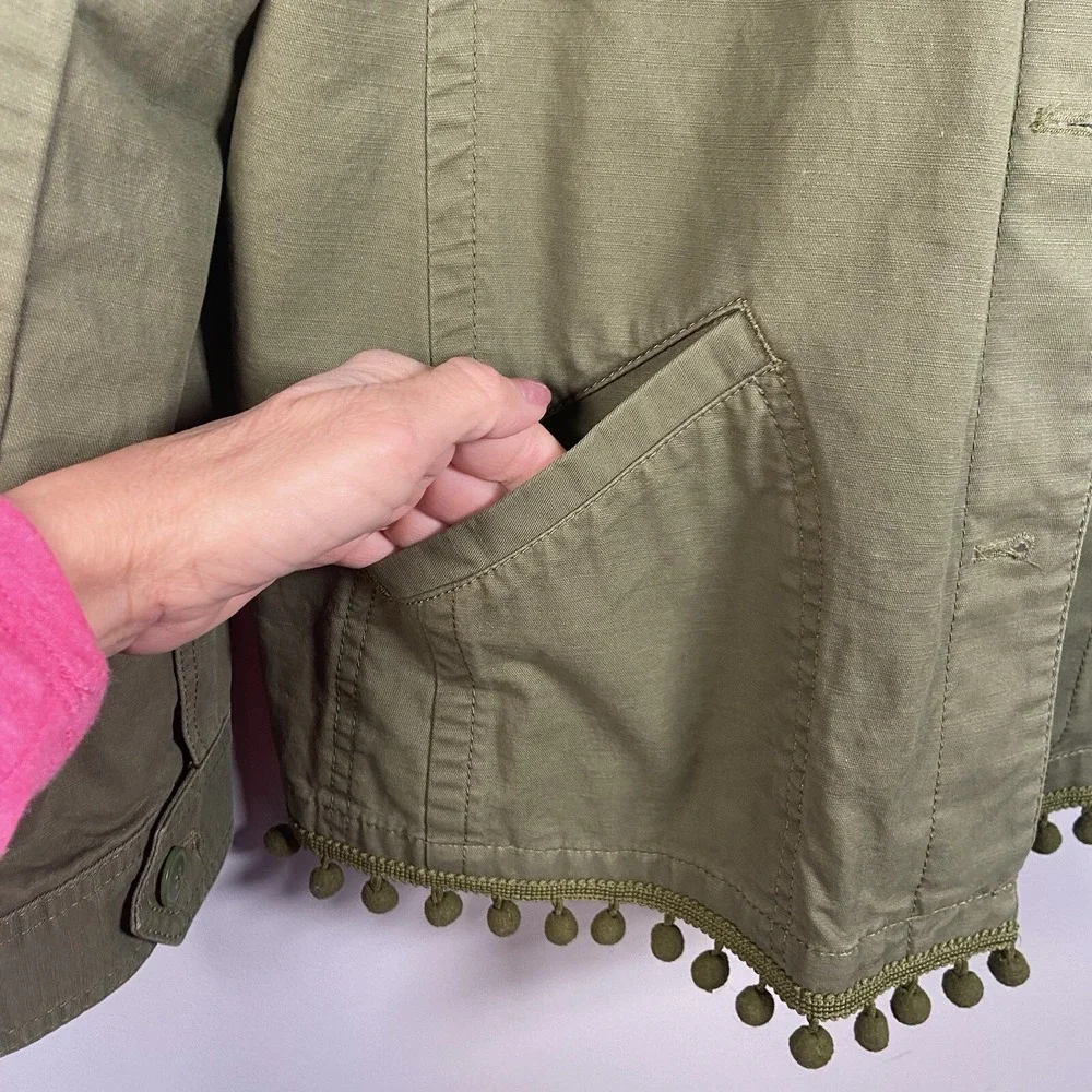 Talbots Jacket‎ Pom Pom Army Green Flap Pockets Gorpcore Lightweight Women's L - Picture 4 of 13